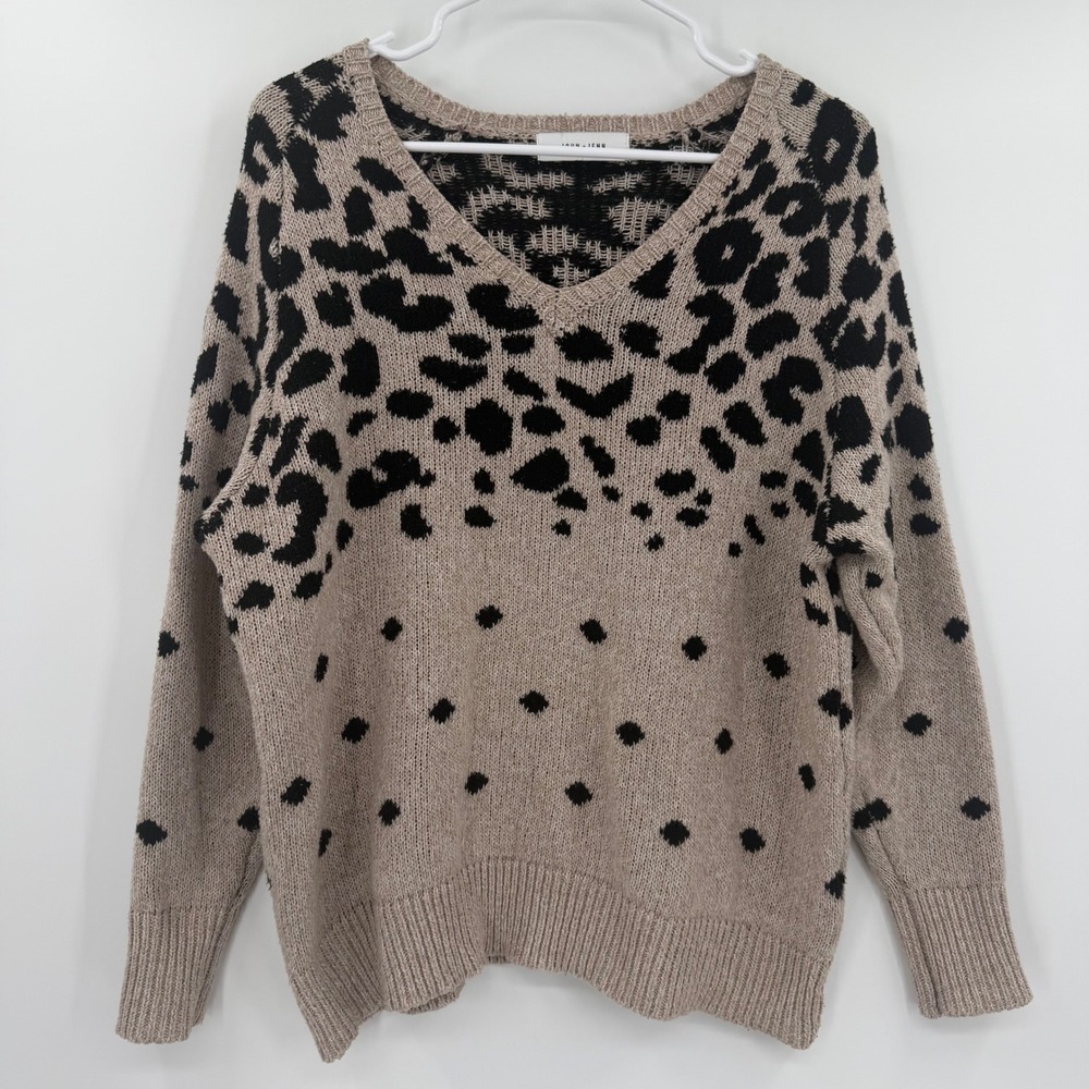 John + Jenn V-Neck Sweater Tan Black Leopard Polka Dot Animal Print Knit